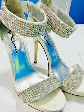 Touch of Nina Silver Crystal Embellished Ankle-Strap Heels